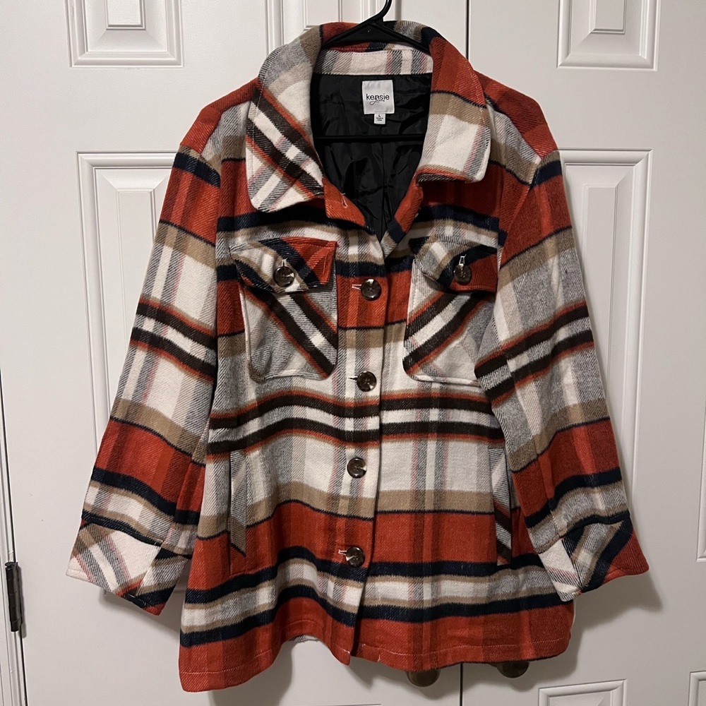 Kensie Plaid Shacket - Orange and White